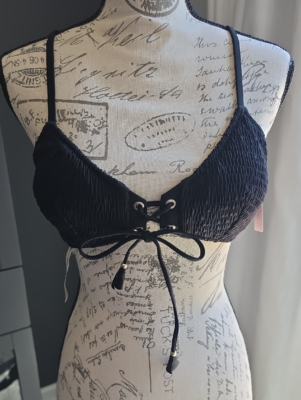 Victoria's Secret Black Lace-Up Smocked Bikini Top